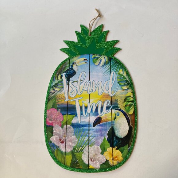 ISLAND TIME Pineapple Tiki Bar Beach Sign Luau Door Wall Decoration Parrots - Picture 2 of 9